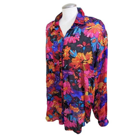 Vintage Judith Ann Plus Silk Button Tunic Blouse Sheer Plus 3X Embellished Bold - Picture 5 of 9